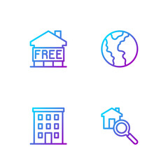 Set line Search house, Multi storey building, Shelter for homeless and Global economic crisis. Gradient color icons. Vector