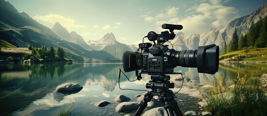 A banner with copy space featuring a professional video camera against a background of a lake