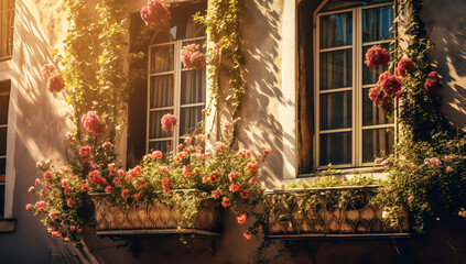 Fototapeta na wymiar Flowers on a balcony residence. AI generated