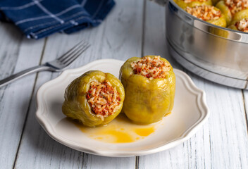 Traditional delicious Turkish food; stuffed bell peppers with meat (Turkish name; Etli biber dolmasi)
