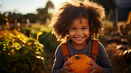 Happy child in a pumpkin patch in autumn. Halloween seasonal fall. Laughing toddler in October. Smiling kid.