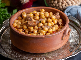 Traditional delicious Turkish foods; Turkish Food Chickpeas with Meat. Turkish name; Etli nohut