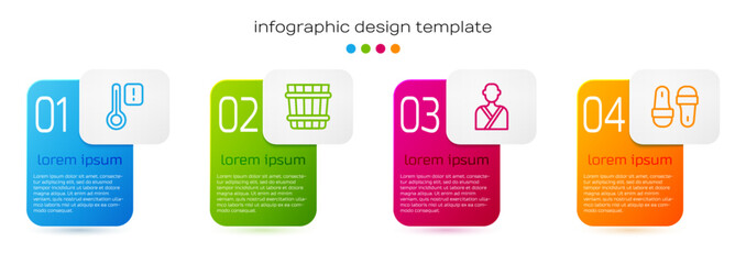 Set line Sauna thermometer, bucket, Man in sauna and slippers. Business infographic template. Vector