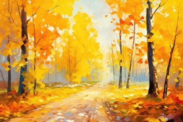 Naklejka na ściany i meble Beautiful autumn landscape with yellow autumn trees and sun oil painting. Colorful foliage in the forest. natural background - Generative AI