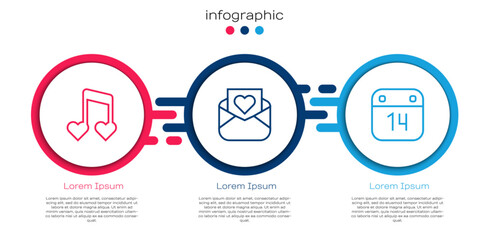 Set line Music note, tone with hearts, Envelope Valentine and Calendar February 14. Business infographic template. Vector