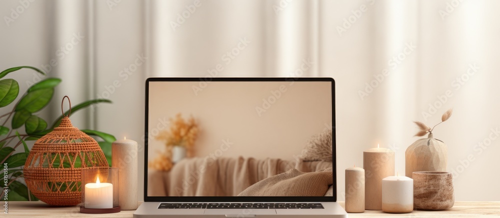 Poster aesthetic boho styled home interior design template with a laptop computer displaying a blank