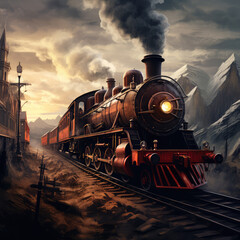 Naklejka premium Old steam locomotive, vintage train.Generative AI technology