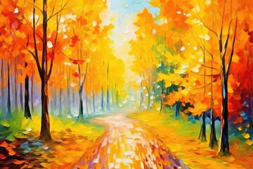 Naklejka na ściany i meble Beautiful autumn landscape with orange, green and yellow autumn trees and sun oil painting. Colorful foliage in the forest. natural background - Generative AI