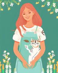 Vector illustration of a woman in apron with cat in her arms Generative AI