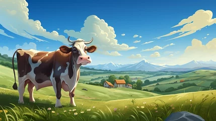 Gordijnen A cartoon art style image of a contented cow peacefully grazing in a cartoon countryside, with rolling hills and a blue sky © Tina