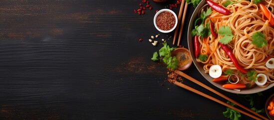 A panoramic view of Asian noodles and vegetables, suitable for vegan and vegetarian diets. It