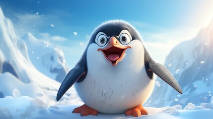 A cartoon art style image of a happy-go-lucky penguin sliding on its belly down a snowy slope, laughing joyfully - obrazy, fototapety, plakaty