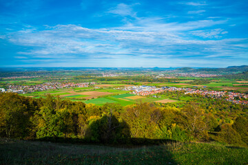 Germany, Wide view, swabian alb nature landscape, bissingen unter teck city houses, sunny day...