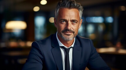 Portrait of successful mature financier, senior businessman with beard and glasses looking at camera