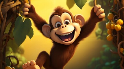 A cartoon art style image of a silly monkey swinging from vine to vine, with a banana peel on its head