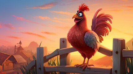 A cartoon art style image of a proud rooster perched on a fence, announcing the break of dawn with a vibrant sunrise behind
