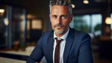 Fototapeta premium Portrait of successful mature financier, senior businessman with beard and glasses looking at camera