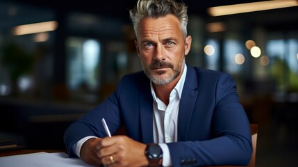 Obraz premium Portrait of successful mature financier, senior businessman with beard and glasses looking at camera