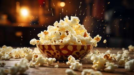 A mouthwatering close-up cinematic photography commercial setting capturing the irresistible allure of freshly popped popcorn - obrazy, fototapety, plakaty