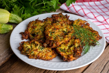 Fototapeta premium Mucver, Turkish traditional food. (Turkish cuisine) Homemade Food with Zucchini.