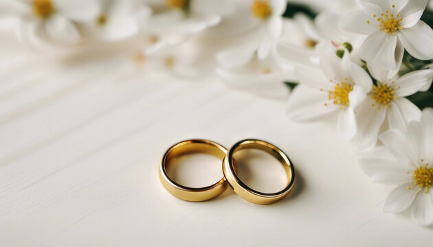 Gold wedding rings with flowers and copy space