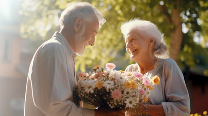 Elderly man giving flowers to an elderly woman