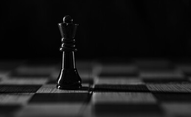 Selective focus grayscale shot of a black queen piece on a chess board