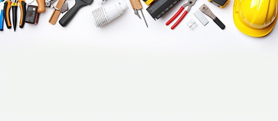 electrician equipment on a white background with empty space for text. It is taken from a top