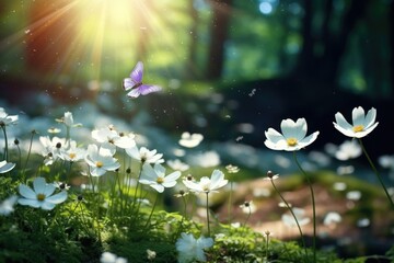 Beautiful Spring white flowers of anemones and flying butterfly in spring forest; Easter Spring forest landscape with flowering primroses - Generative AI
