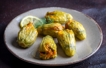 Traditional delicious Turkish - Greek cuisine, Turkish food; Stuffed zucchini flowers (Turkish name; kabak cicegi dolmasi)