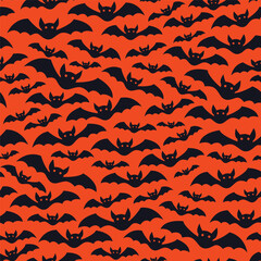Halloween pattern with bats in the night sky for party decoration. Cute october orange background.