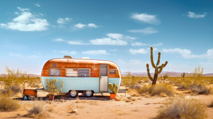 An abandoned retro vintage caravan stands in the desert with lots of cacti on a sunny day. The blue sky offers copy space