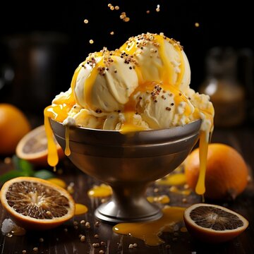 A vibrant image of Passion Fruit Ice Cream, featuring a scoop of creamy delight infused with the tropical and tangy flavor of passion fruits