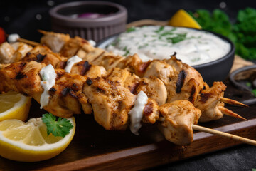 Chicken shawarma skewers, marinated in a blend of yogurt, lemon, and spices, served with garlic sauce on the side, in an appetizing close-up.