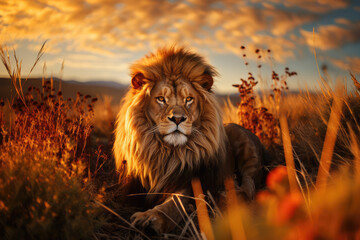 lion on the prairie, wide land, sun setting on the horizon, ai generated.