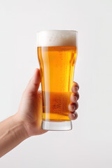 a male hand holding up a glass of beer isolated on a white background