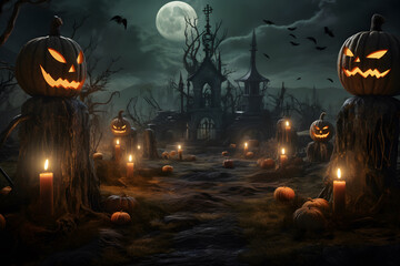 Fototapeta na wymiar Halloween design - A Graveyard With Full Moon And Halloween Pumpkins.