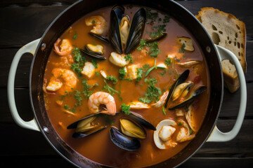 Bouillabaisse, a delicious and savory Mediterranean seafood stew, is simmering in a copper pot, accompanied by crusty bread and seafood on the side.