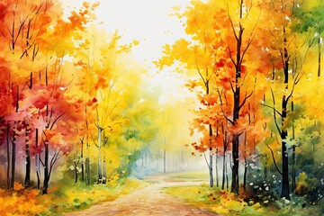 Naklejka na ściany i meble Beautiful autumn landscape with orange, green and yellow autumn trees and sun aquarell painting. Colorful foliage in the forest - Generative AI
