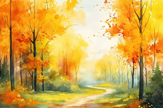 Beautiful autumn landscape with orange, green and yellow autumn trees and sun aquarell painting. Colorful foliage in the forest - Generative AI