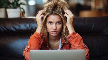 Blonde woman sitting on sofa and laptop with her hands on her head looking at the camera