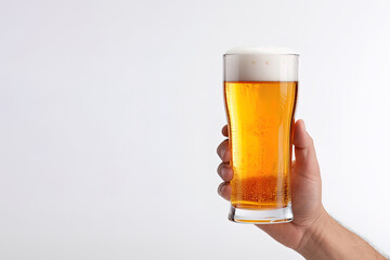 a male hand holding up a glass of beer isolated on a white background with copy space