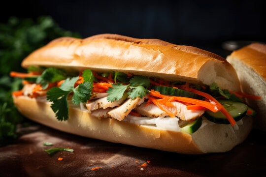 A delicious Banh Mi sandwich with a crunchy baguette, tender grilled chicken, pickled carrots and daikon, jalapeño, and fresh cilantro, captured in a close-up image.