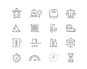 Weight and Measurement Icon collection containing 16 editable stroke icons. Perfect for logos, stats and infographics. Edit the thickness of the line in any vector capable app.