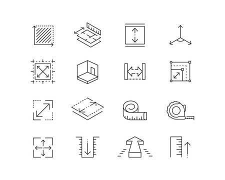 Spaces, Area, Measuremnt Icon collection containing 16 editable stroke icons. Perfect for logos, stats and infographics. Edit the thickness of the line in any vector capable app.