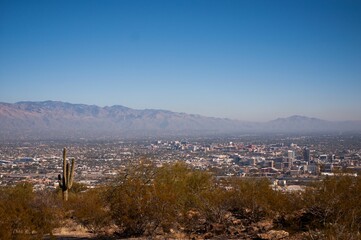 Stunning view of Downtown Tucson, AZ, Catalina Mountains and Rincon Mountains