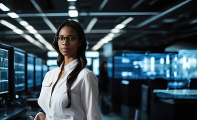 Tech Diversity Leader. African American IT professional in an IT room surrounded by a complex network of computer systems, managing a cutting-edge big data system and AI servers.
