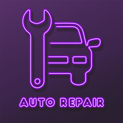 auto repair neon sign, modern glowing banner design, colorful modern design trends on black background. Vector illustration.