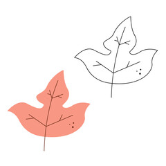 Small set with abstract autumn leaf of an interesting shape. Black and white and color clipart vector illustration.