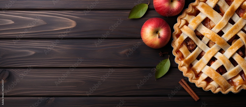Aufkleber classic apple pie with space for text on a wooden table, arranged in a flat lay. perfect for